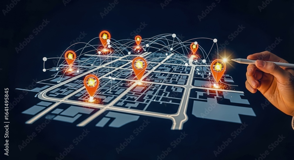 Poster hand pointing at digital navigation map with location pins, representing gps tracking and connectivi