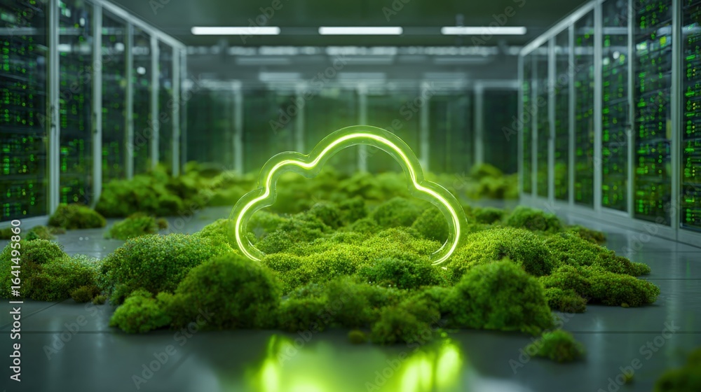 Poster green cloud computing concept with neon cloud icon in data center environment