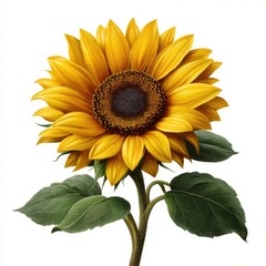 Naklejka premium Bright yellow sunflower with green leaves isolated on transparent background
