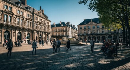 Naklejka premium Cobbled square with classic buildings, people walking, and a fountain