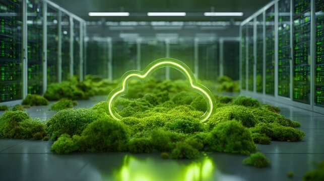 Green Cloud Computing Concept with Neon Cloud Icon in Data Center Environment
