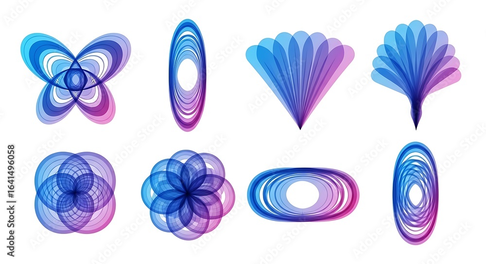 Poster collection of abstract colorful geometric shapes and patterns isolated on white background