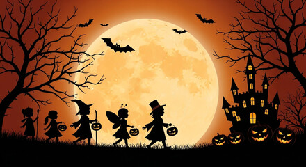 A beautiful Halloween illustration showing silhouettes of trick-or-treating children walking toward a spooky haunted castle, a perfect design for a festive party poster