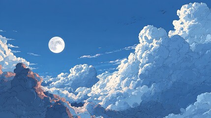 Full moon and fluffy clouds in a blue sky anime style illustration with birds flying