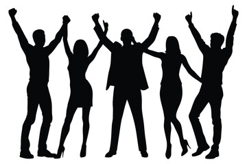 Diverse group of people celebrating with raised arms