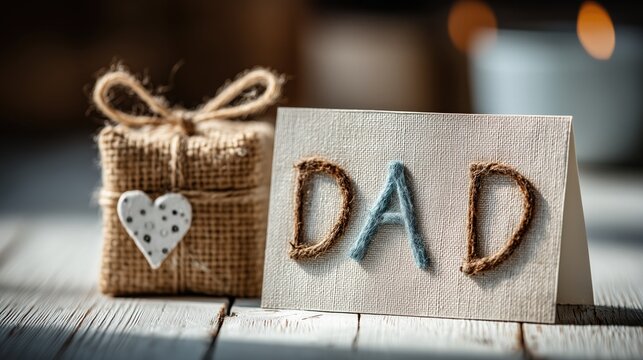 Father's Day card with "DAD" letters, burlap gift box and heart decor on rustic wooden background, creating warm, handmade sentimental celebration of love for father.