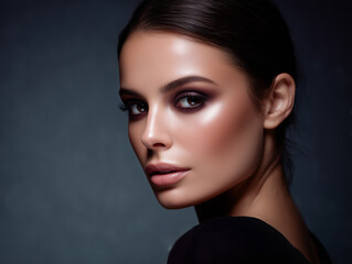 Fototapeta premium Beauty Portrait of a Woman with Smoky Eye Makeup and Glowing Skin 