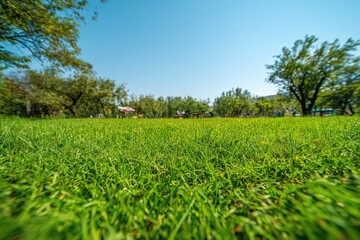Green Grass Lawn In Park Under Sunny Sky