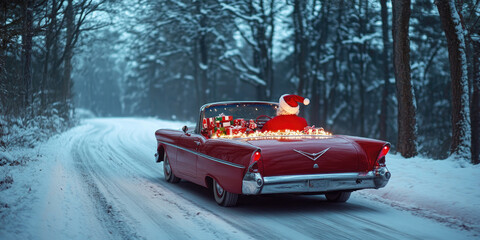 Santa Claus drives a red convertible through a snowy forest road. The car is filled with colorful gifts. Snow-covered trees line the path.