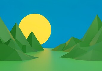 Low Poly Landscape with Mountains Sun and Water Minimalist Digital Art Illustration Serene Green and Yellow Palette Peaceful Nature Scene Vector Graphic