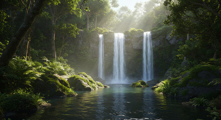 Crystal Clear Waterfall in Tropical Forest – Pristine Nature Paradise