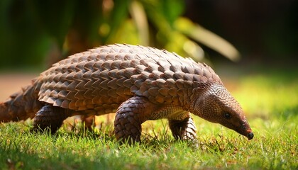 a close up of a pangolin walking on grass in a lush garden