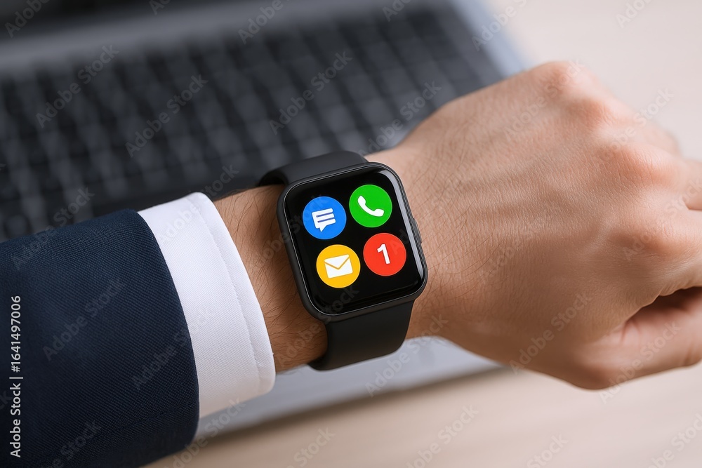Poster smartwatch on wrist displaying application icons for communication and productivity in professional 