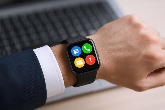 Smartwatch on Wrist Displaying Application Icons for Communication and Productivity in Professional Setting - Powered by Adobe