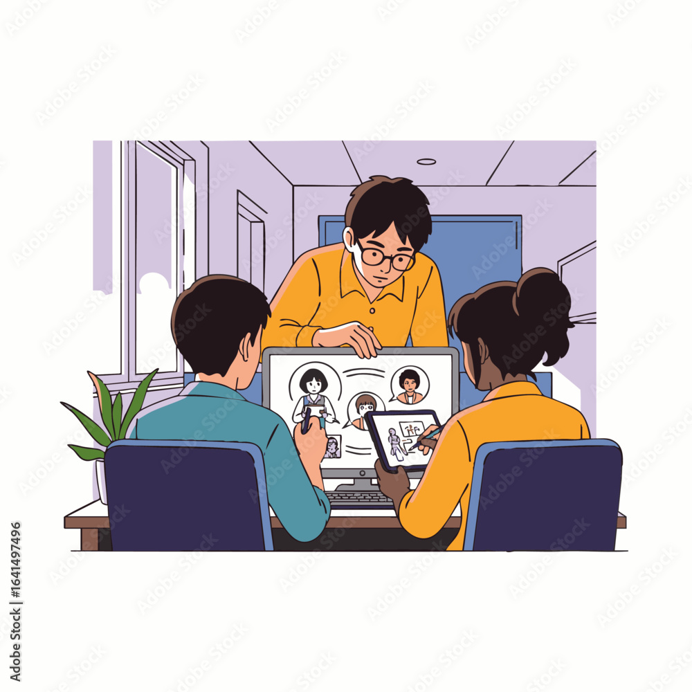 Aufkleber diverse colleagues collaborate effectively in a dynamic hybrid meeting, utilizing digital tools for 