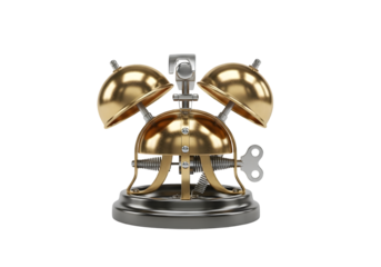 Vintage brass alarm bell with a key, isolated on transparent background