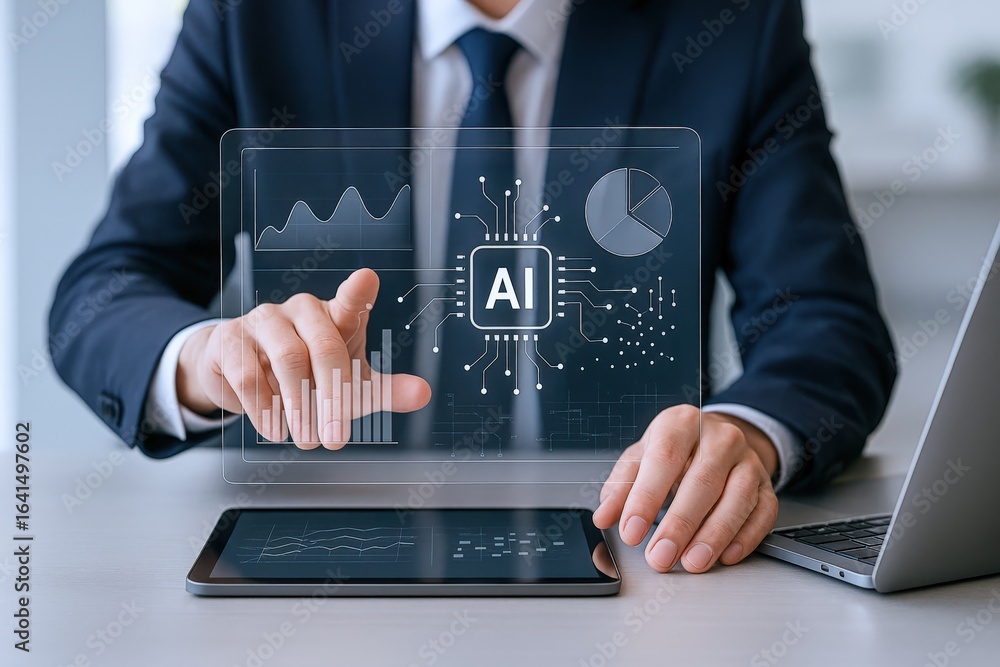 Poster businessman interacting with ai interface: analyzing data and visualizing information with modern te
