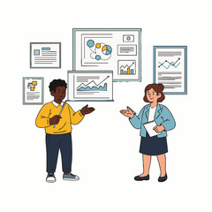 Diverse business colleagues engage in a dynamic discussion, analyzing financial data and strategic reports displayed on various digital screens.