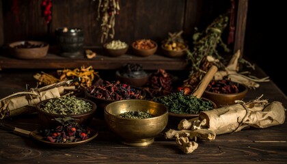 Dried herbs and spices on wooden table