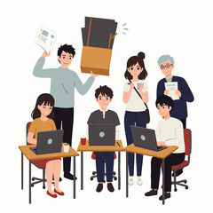 A diverse group of young professionals and an experienced mentor collaboratively engage in a productive office environment, fostering innovation and shared success.