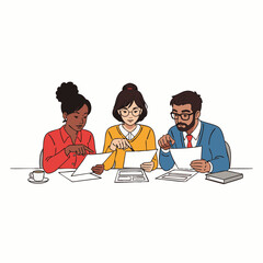 Fototapeta premium A diverse group of three professional colleagues collaborates intently, reviewing important documents and discussing strategies during a productive business meeting.
