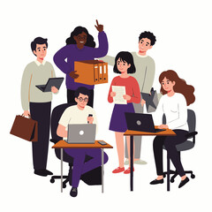 A diverse group of professionals collaborates effectively in a modern office environment, showcasing teamwork and productivity among colleagues.