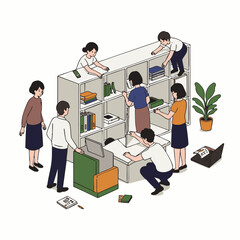 A diverse group of colleagues collaboratively organizes a large, modern office shelving unit, demonstrating efficient teamwork and effective workspace management.