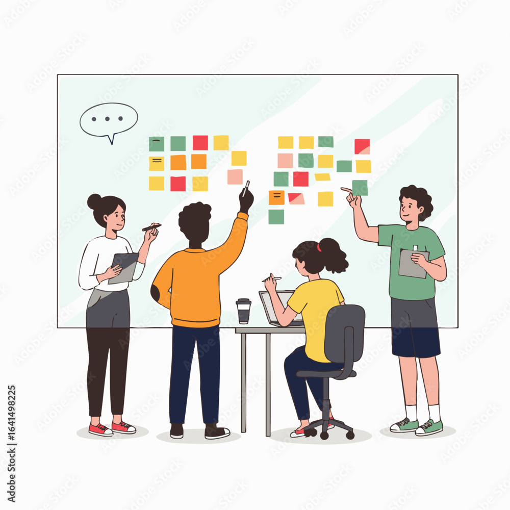 Aufkleber diverse colleagues collaboratively brainstorm and organize project tasks using colorful sticky notes