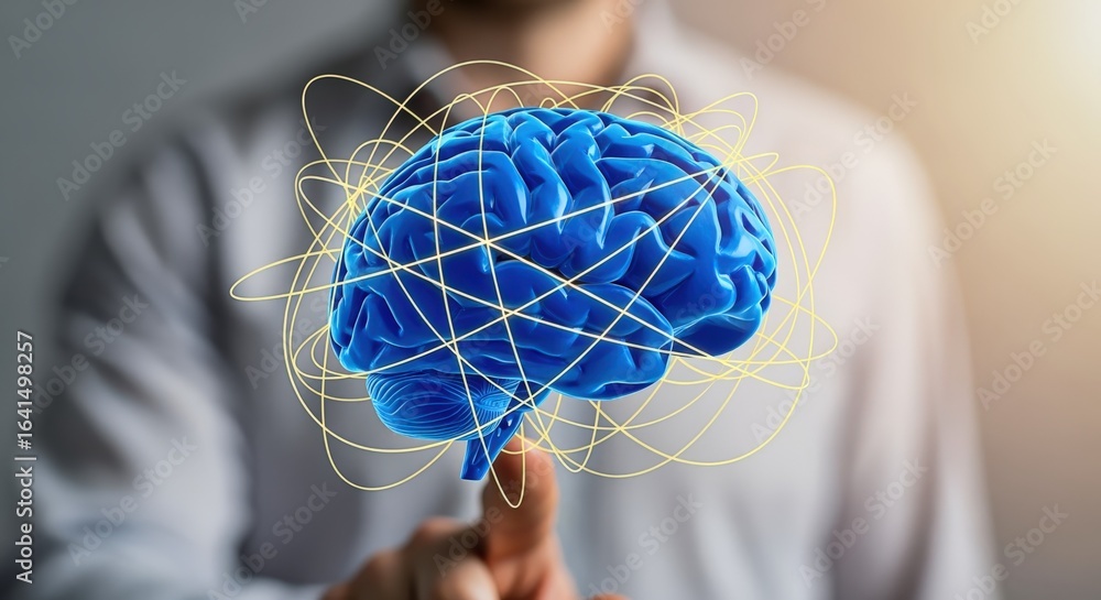 Poster brain connectivity concept: man pointing at a neural network representation of artificial intelligen