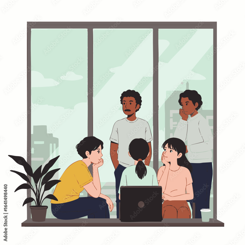 Poster a diverse team of professionals actively collaborating on a shared project using a laptop in a brigh