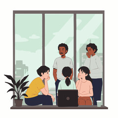 A diverse team of professionals actively collaborating on a shared project using a laptop in a bright, modern office environment with city views.