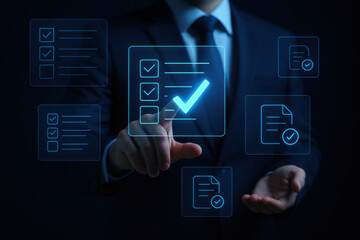 Businessman touching digital checklist with glowing checkmark and document icons