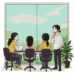 A diverse team of professionals collaborates in a modern office space, strategizing and looking out a large window at the urban landscape.