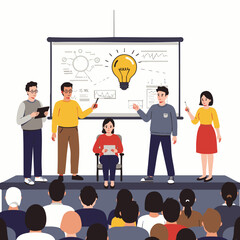 A diverse team of professionals delivers an engaging business presentation on stage, sharing innovative ideas and strategic insights with an attentive audience.