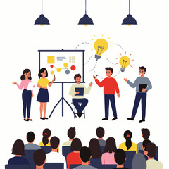 A dynamic business team presents innovative ideas during an engaging corporate meeting, fostering collaboration and strategic development.