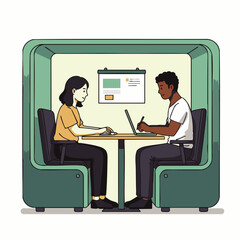 Two diverse professionals collaborate intently within a modern, semi-private office pod, utilizing technology for an efficient and focused discussion.