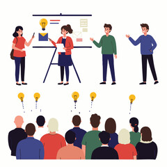 Vibrant illustration of a business presentation or educational seminar where innovative ideas are actively shared and absorbed by an engaged, attentive audience.