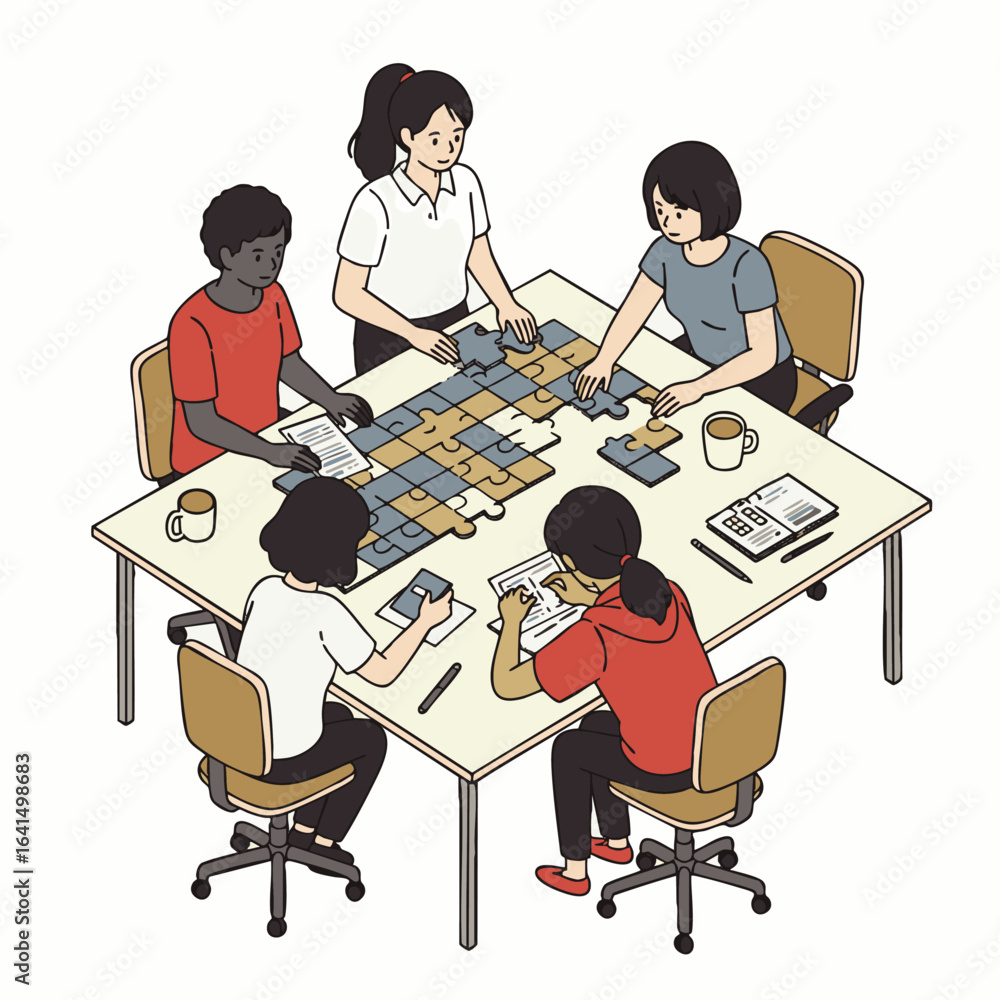 Poster diverse colleagues collaborate on a large puzzle, symbolizing effective teamwork, strategic thinking