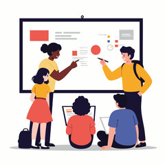 Diverse students and professionals actively collaborate on a whiteboard, analyzing data and discussing ideas in a dynamic learning environment.