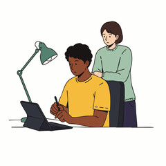 An illustration depicts a young person studying intently at a desk with a lamp, while another individual observes their progress, highlighting themes of education and support.
