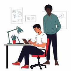 Two young male graphic designers are collaborating on a digital art project, with one sketching on a tablet while the other observes in a modern creative studio.