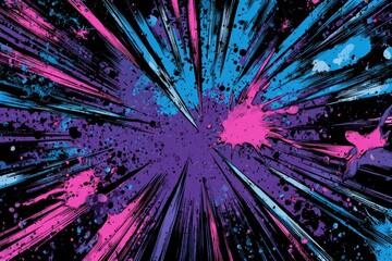 Abstract vibrant burst of pinks, blues, and purples radiating outward from a central point on a black background, with splatter and streaks