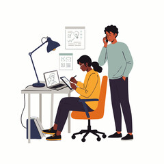 A focused designer works diligently on a digital tablet at her desk while a colleague stands nearby, engaged in a professional phone conversation.