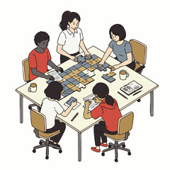 Diverse colleagues collaborate on a large puzzle, symbolizing effective teamwork, strategic thinking, and shared problem-solving within a dynamic business or educational environment.
