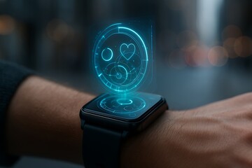 Futuristic smartwatch displays holographic interface on wrist