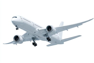 White passenger jet in mid-flight against a white background