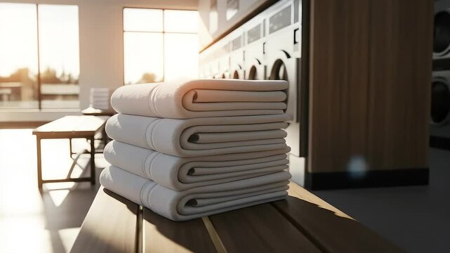 Clean White Towels Stacked on Bench in Sunlit Laundromat with Rows of Washing Machines
