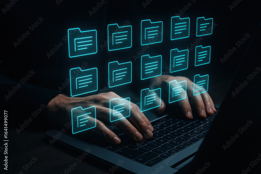 Poster digital folder icons floating above hands typing on laptop keyboard in dark room