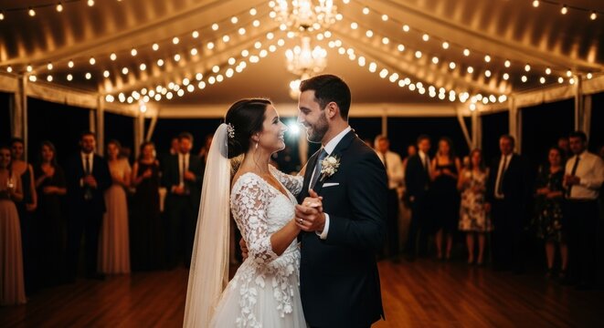 Couple dancing under lights at their wedding reception