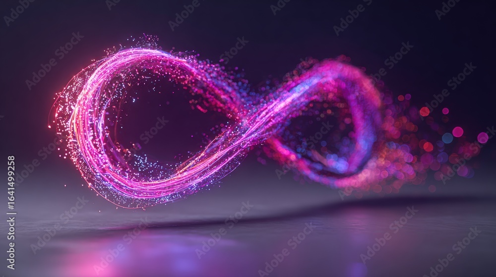 Poster Dynamic Infinity Symbol Composed of Pink and Blue Particle Streams on Dark Background